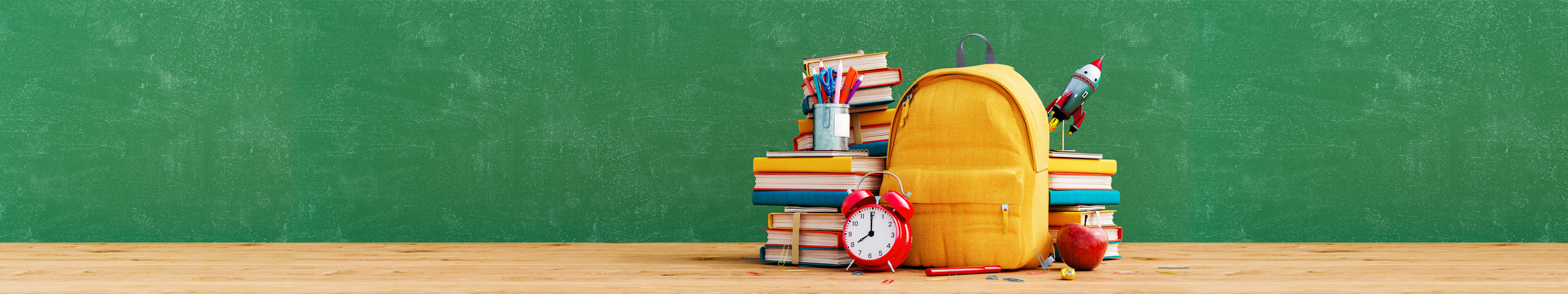 backback, clock, and books